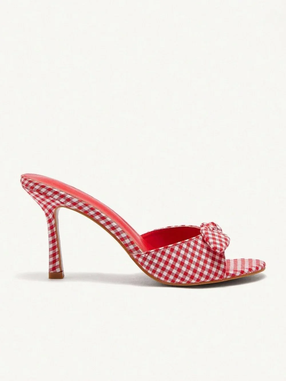Red Elegant Women's gingham plaid Round Toe High Heel Mules Sandals Shoes - Picture 3 of 7